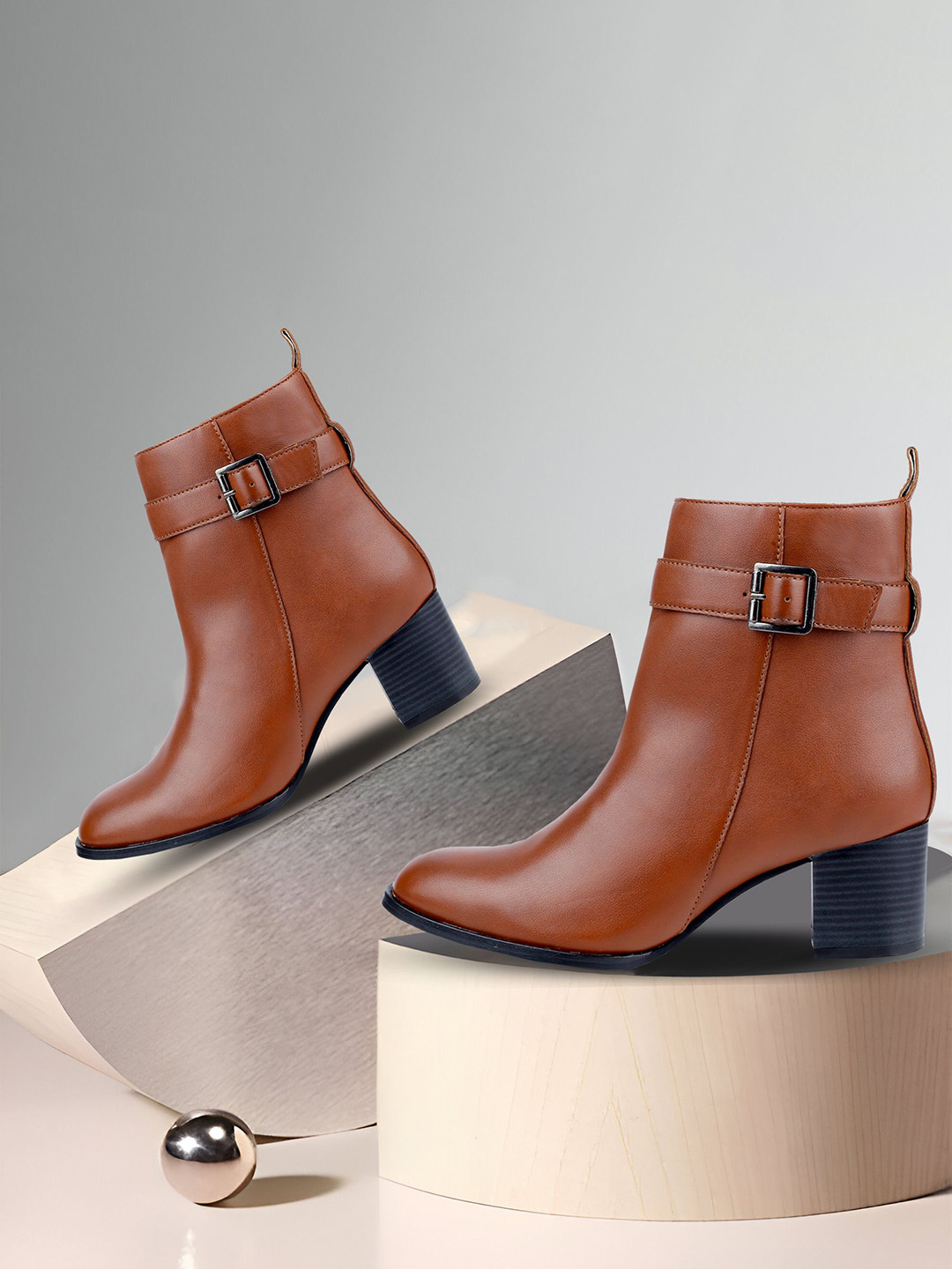 

Bxxy Women Faux Casual Buckle Zipper Block Heels High Ankle Boot, Tan