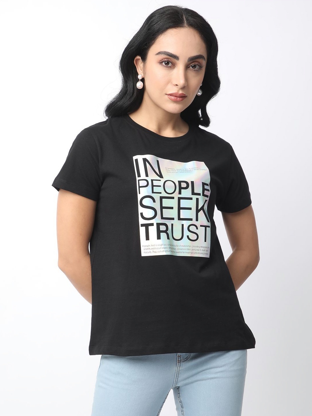 

R&B Women Typography Printed Pockets T-shirt, Black