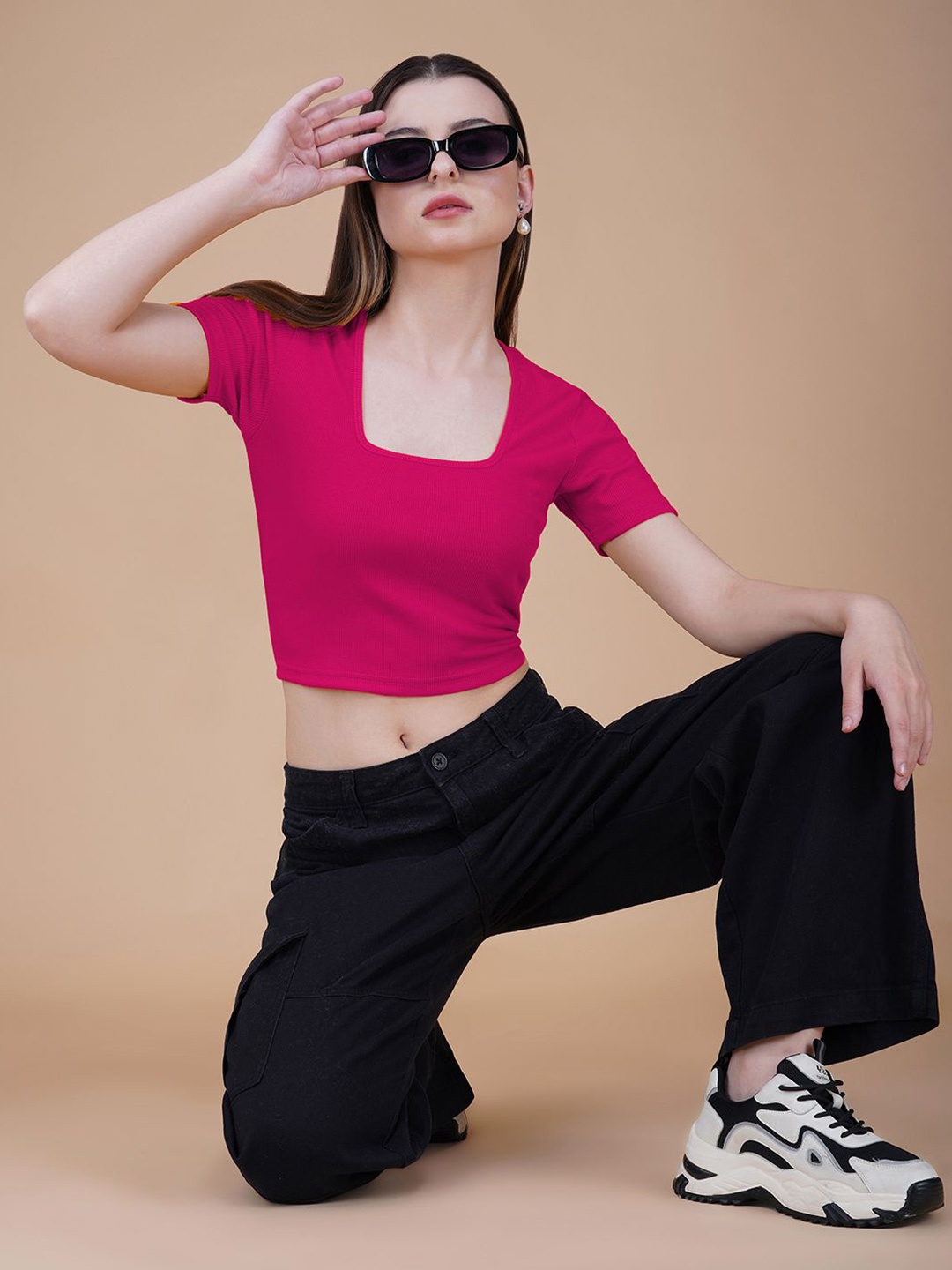 

Lagashi Women Square Neck Cotton Crop Top, Pink