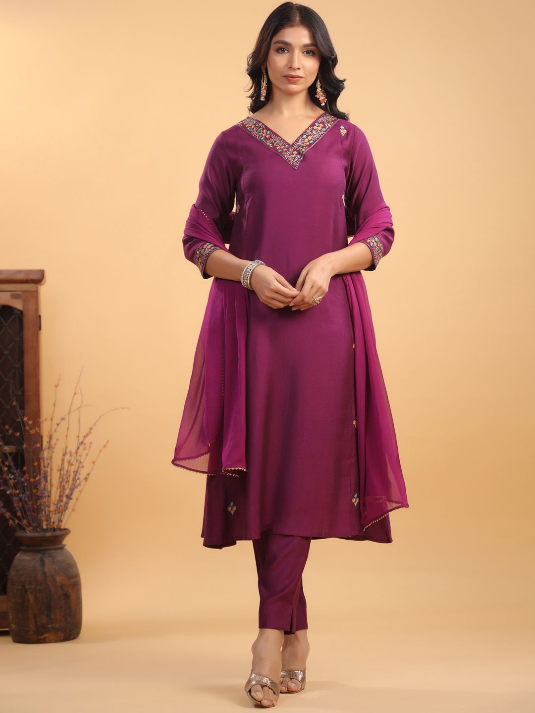 

Janasya Women Floral Embroidered Regular Sequinned Kurta with Trousers & With Dupatta, Purple