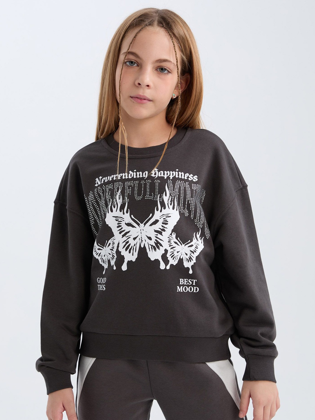 

DeFacto Girls Typography Printed Pullover, Black