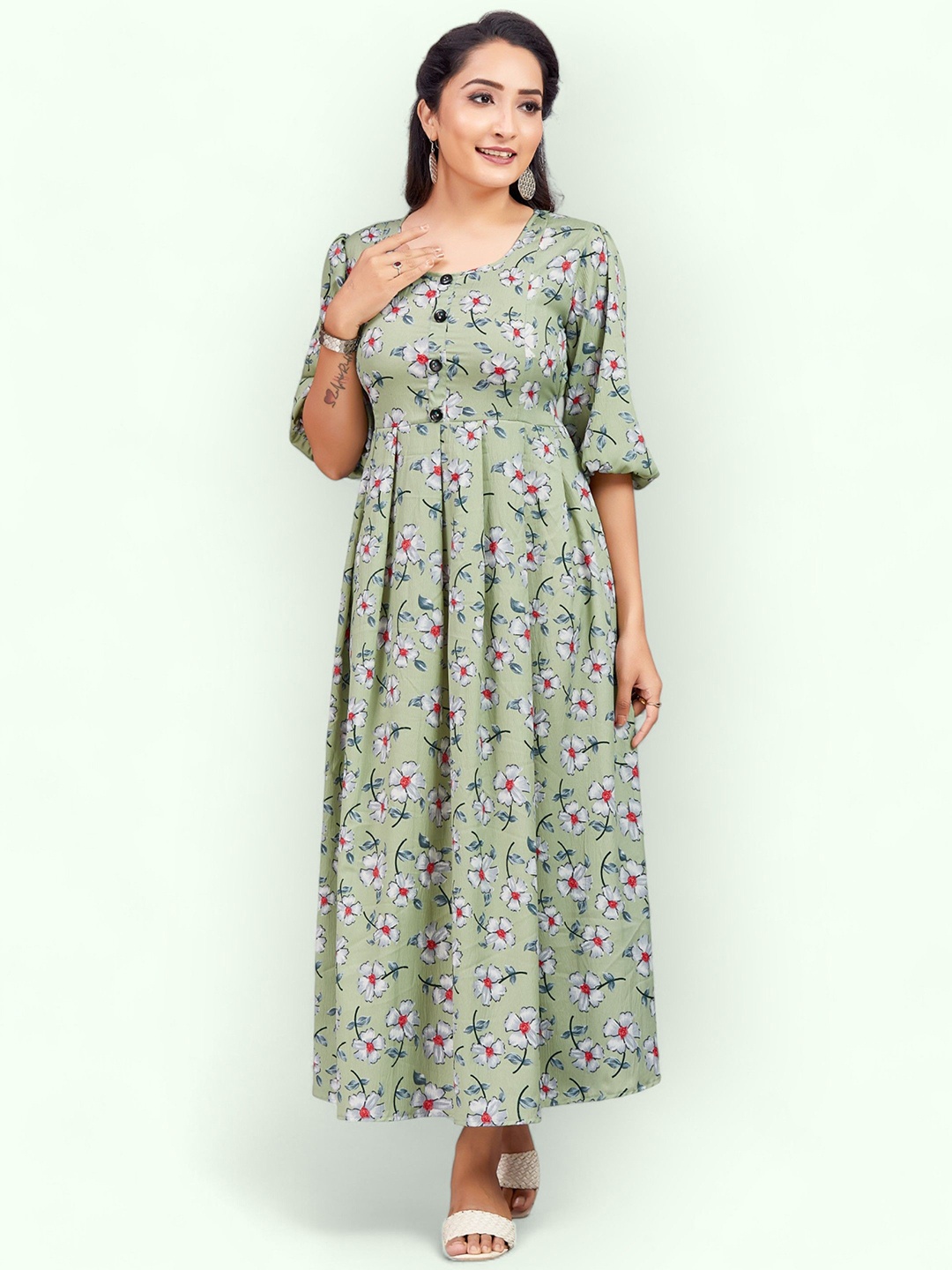 

PAMPER YOURSELF Floral Print Georgette Fit & Flare Maxi Dress, Sea green