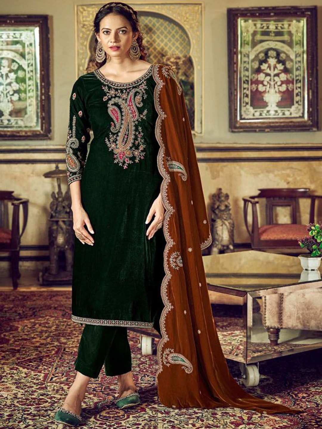 

Clora Creation Embroidered Velvet Unstitched Dress Material, Green