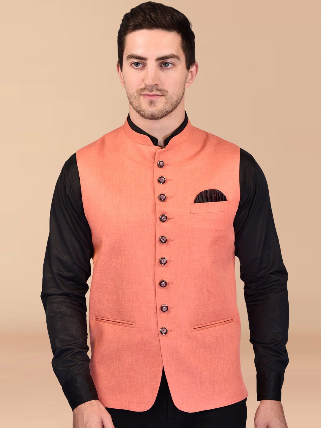 

BOWLIFESTYLE Mandarin Collar Woven Nehru Jackets, Orange
