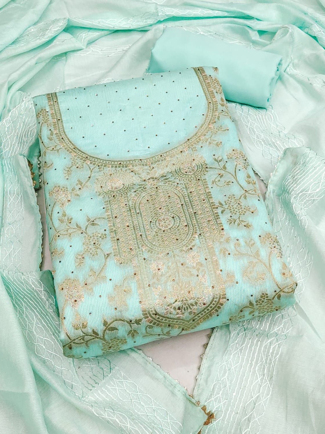

mimi design Unstitched Dress Material, Teal