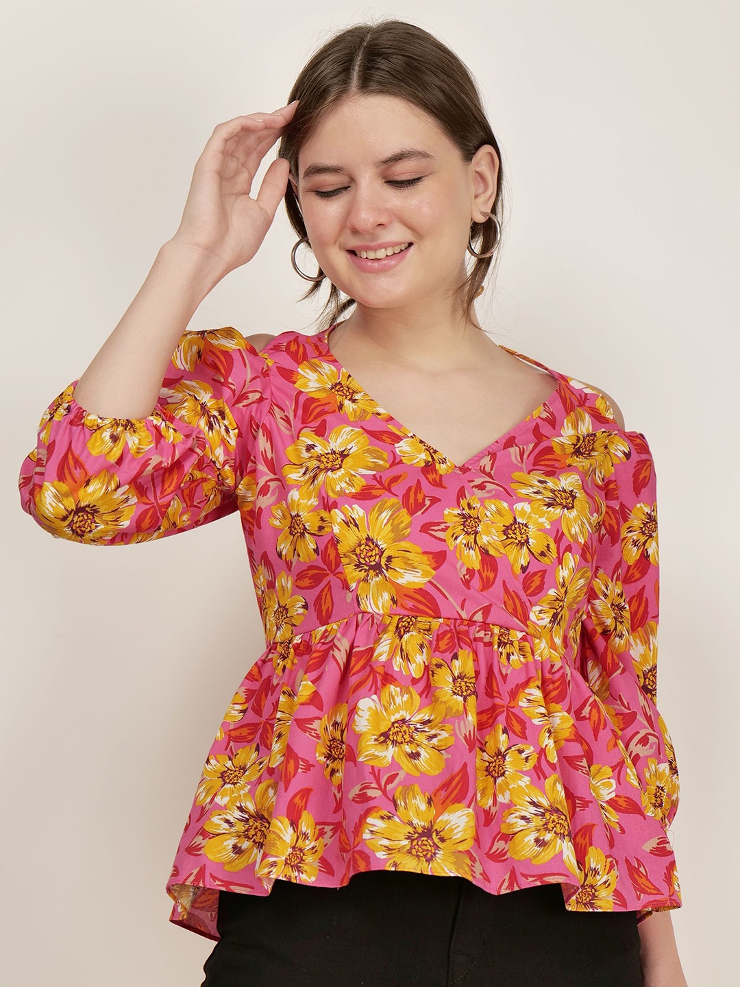 

AUDRAPE Women Cotton Printed Floral Halter Neck Puff Sleeve Crop Cinched Waist Top, Pink