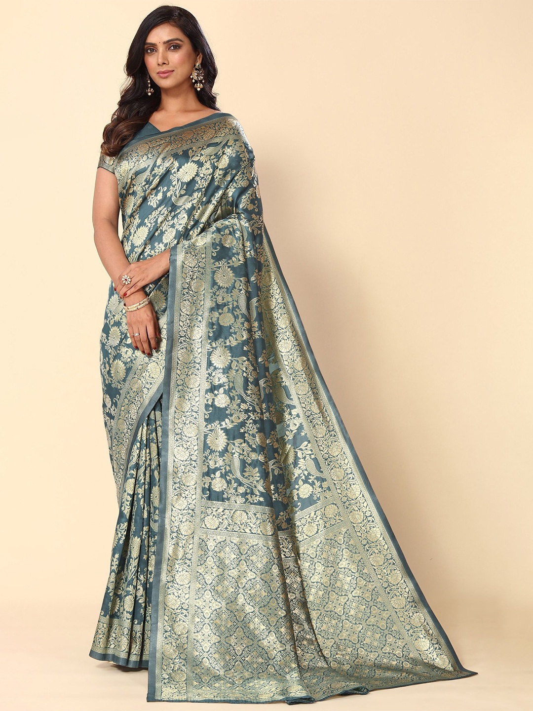 

Subham Ethnic Motifs Woven Design Zari Banarasi Saree, Grey