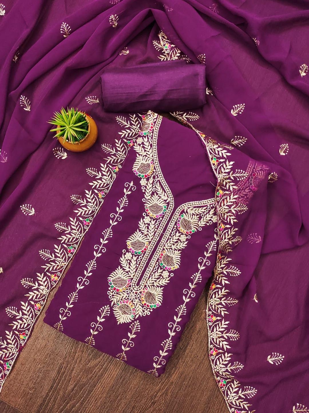

mimi design Silk Georgette Unstitched Dress Material, Purple
