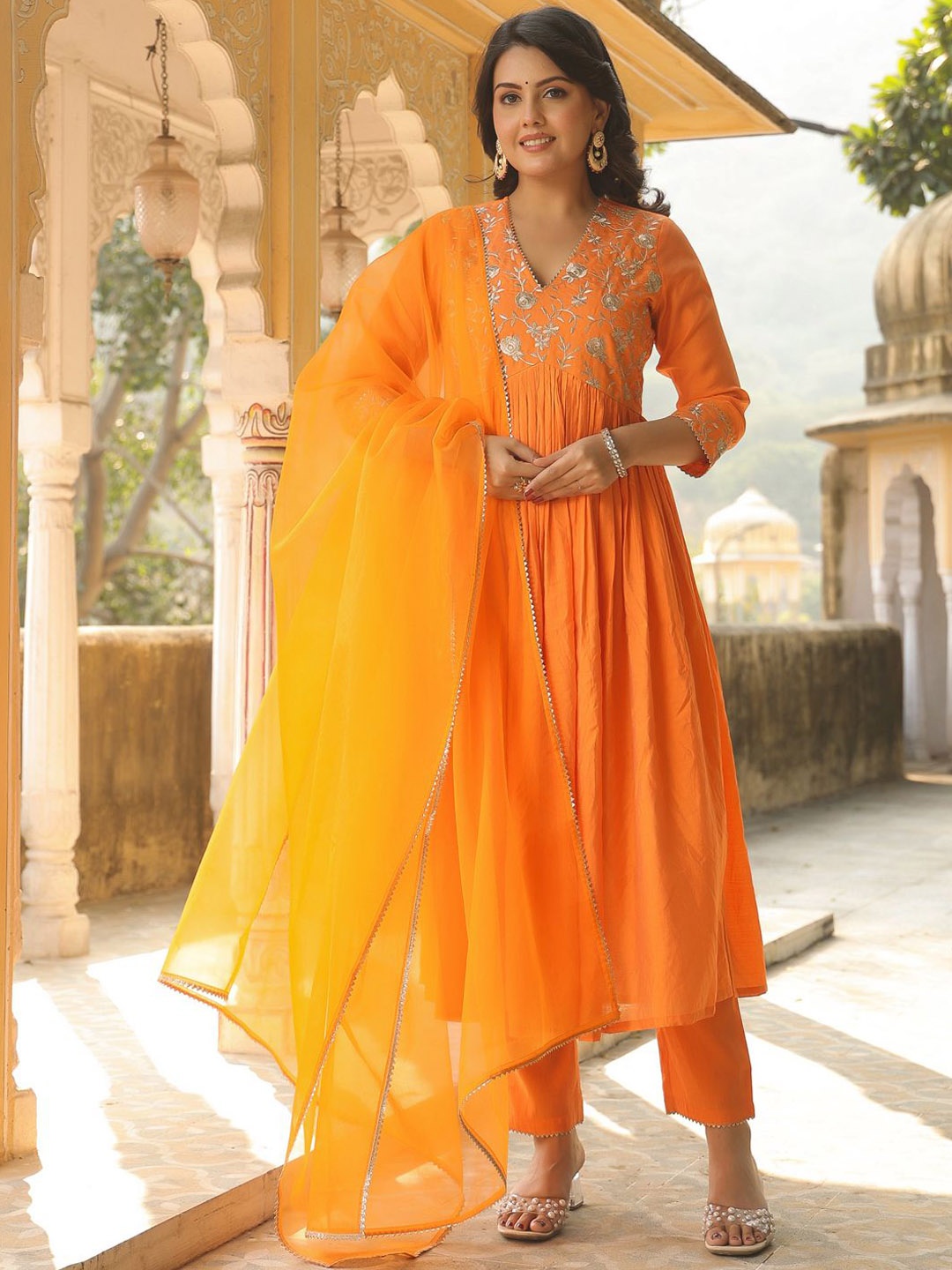 

GoSriKi Women Embroidered Regular Kurta with Trousers & With Dupatta, Orange