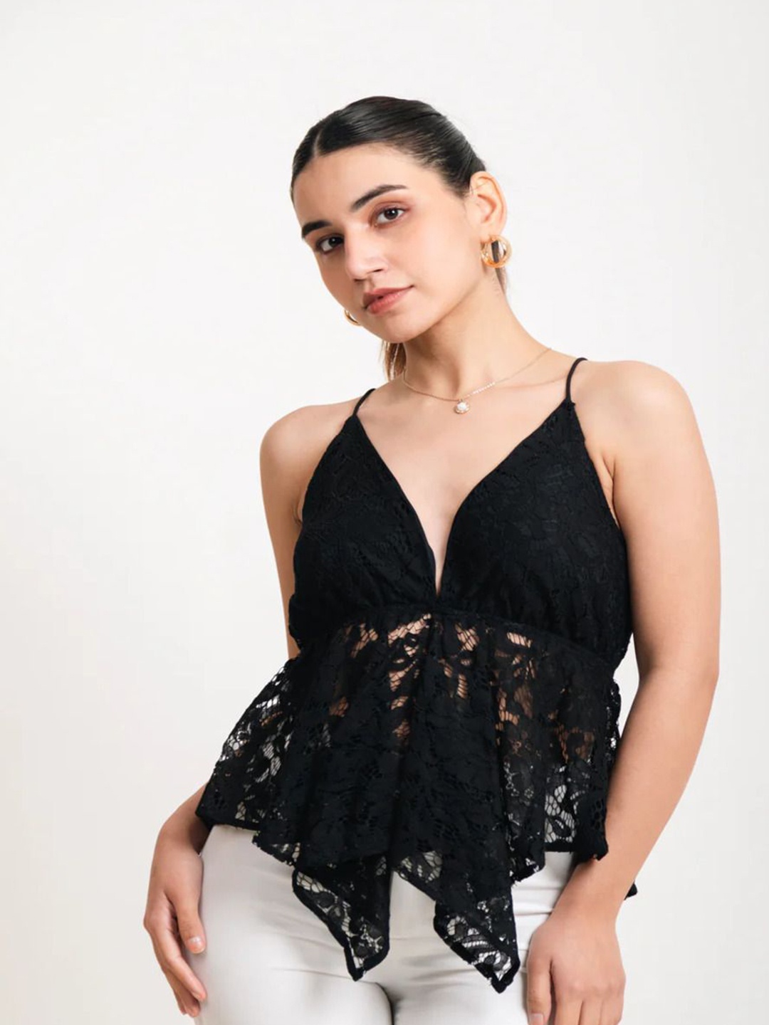 

Dressy Daiquiri Floral Embroidered Ruffles Cinched Waist Top, Black