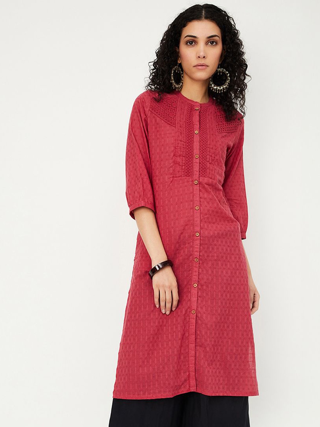 

max Women Keyhole Neck Flared Sleeves Kurta, Red