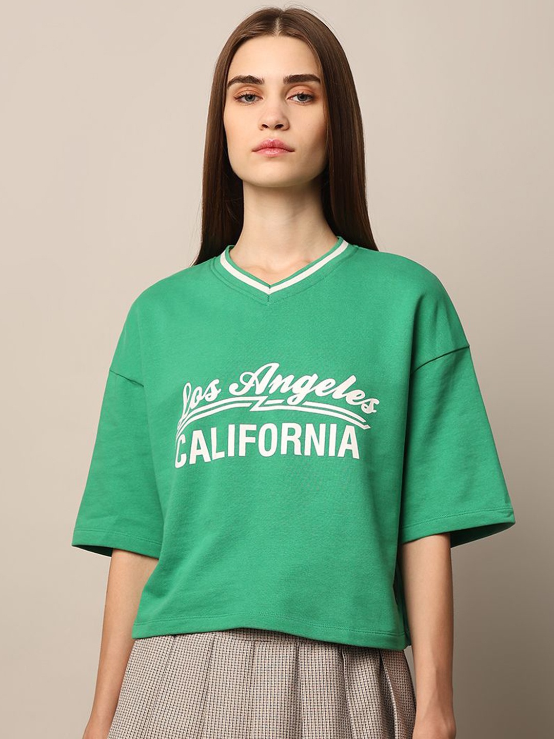 

ONLY Women Varsity Printed Drop-Shoulder Sleeves T-shirt, Green
