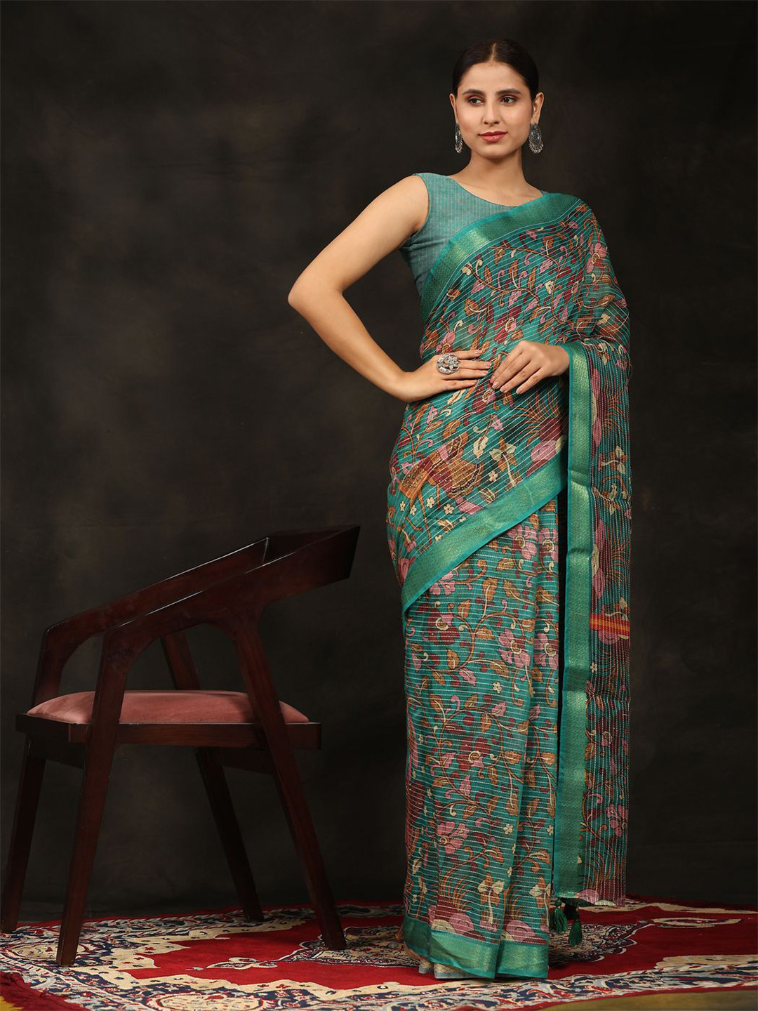 

Anouk Ethnic Motifs Woven Design Zari Saree, Teal