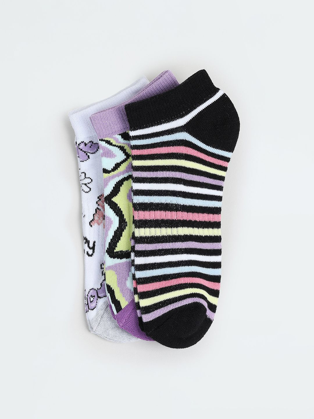 

max Girls Cotton Pack Of 3 Patterned Ankle-Length Socks,, Black