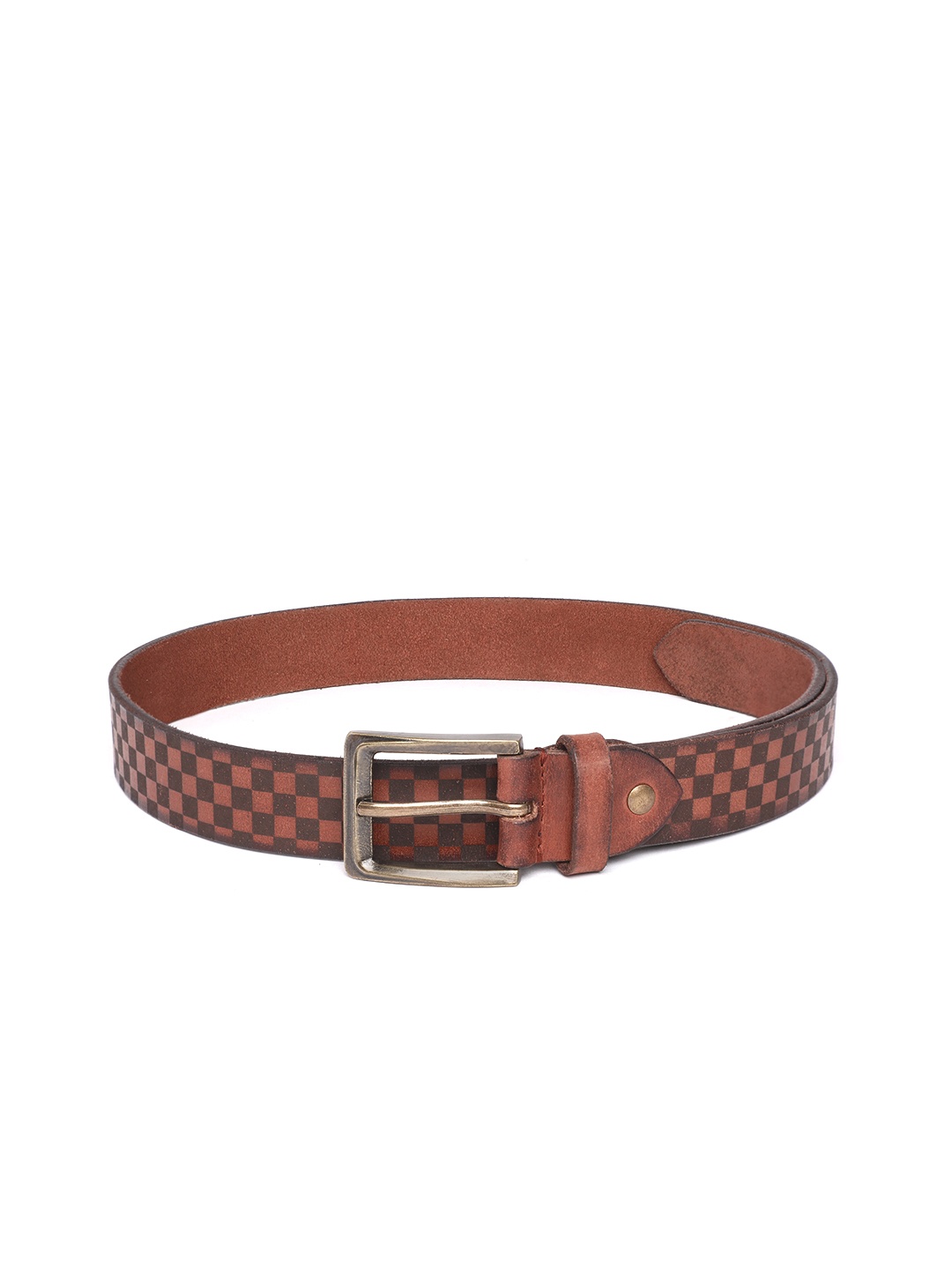 

ART N VINTAGE Men Checked Leather Belt, Tan
