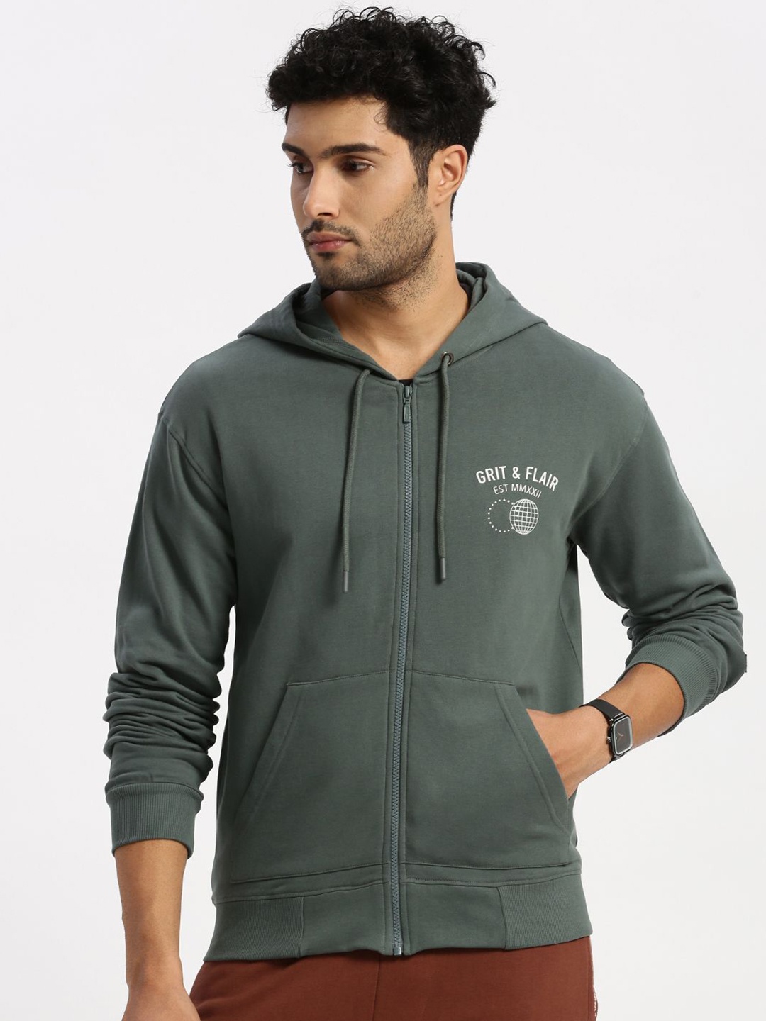 

Grit and Flair Men Cotton Hooded Sweatshirt, Green