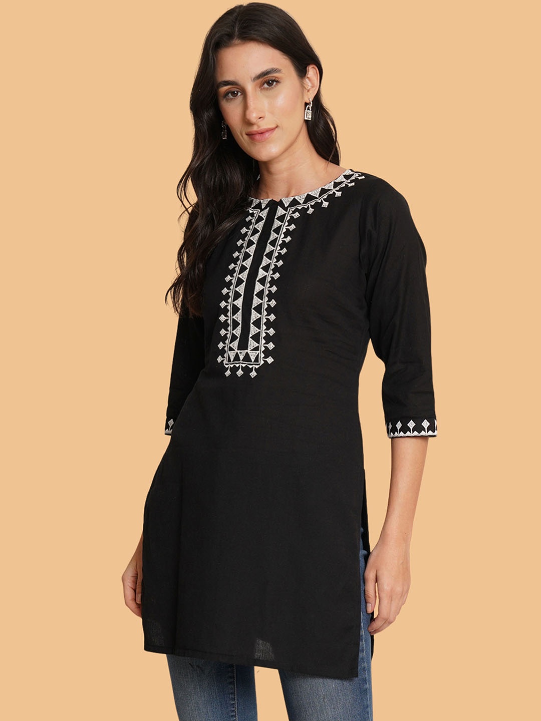 

Brownverse Women Embroidered Flared Sleeves Khadi Kurta, Black