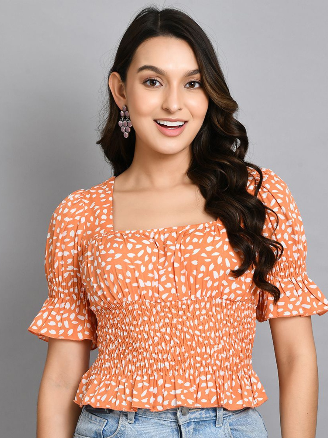 

all about you Prinedt Puff Sleeve Blouson Crop Top, Orange