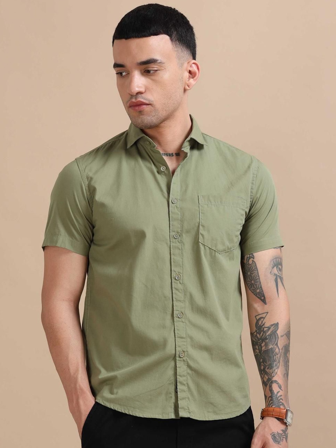 

HOUSE OF MAHNOTS Men Classic Opaque Casual Shirt, Olive