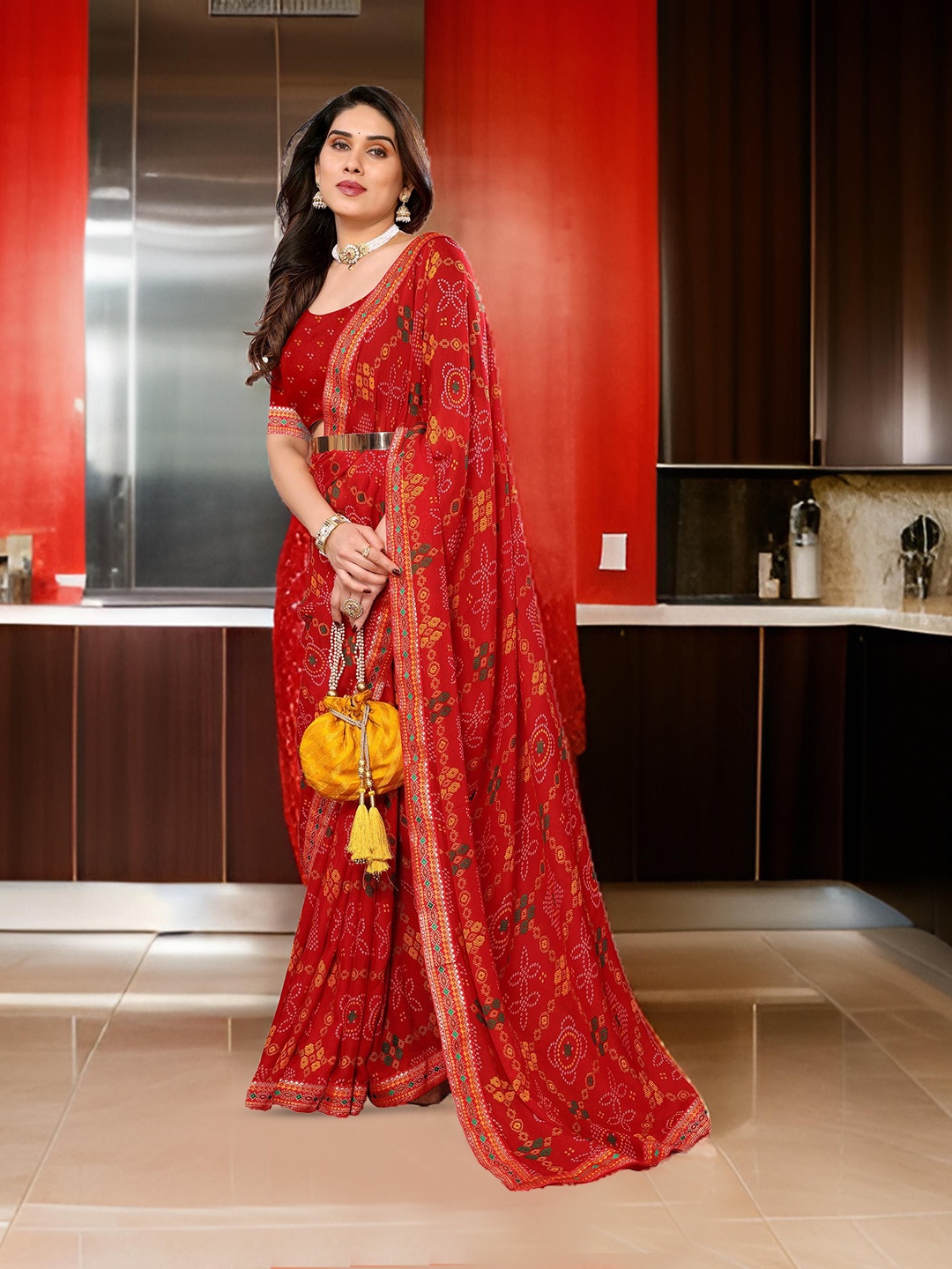 

sareyavella Bandhani Gotta Patti Poly Chiffon Bandhani Saree, Red