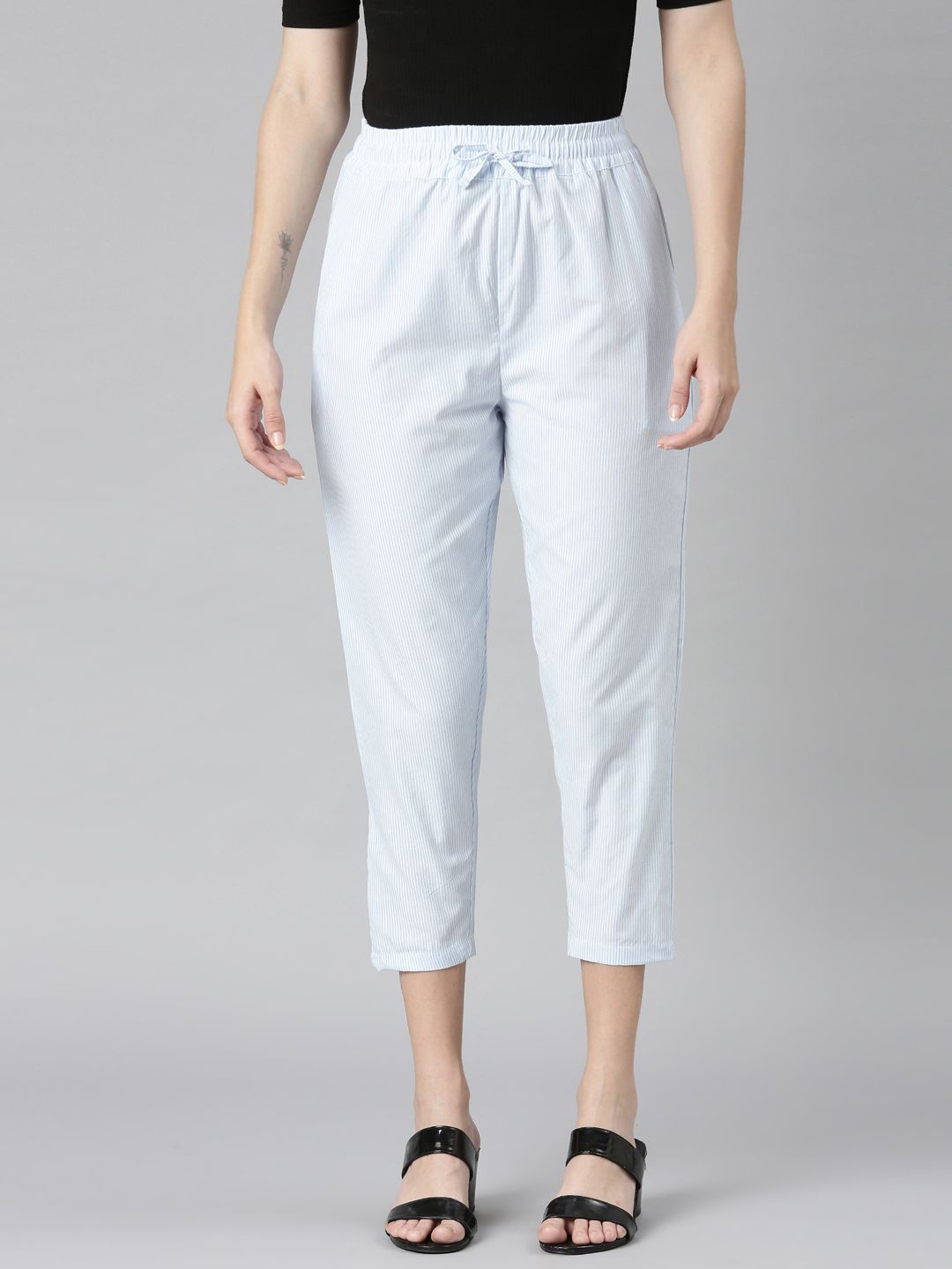 

TWIN BIRDS Women Striped Straight Fit Cotton High Ankle Trouser, Blue