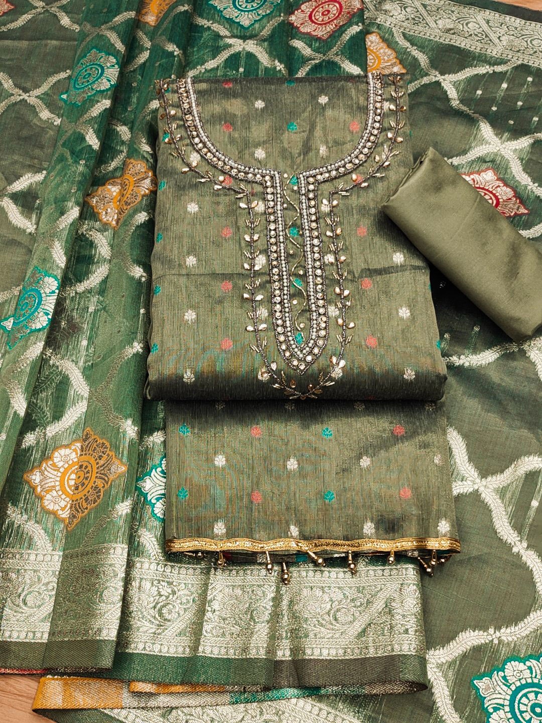 

KALINI Unstitched Dress Material, Green