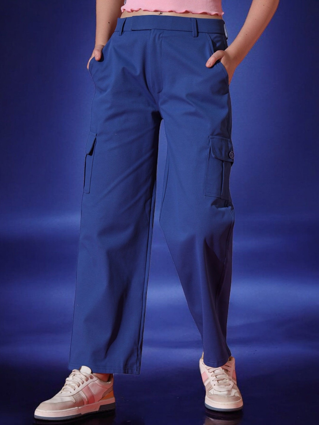

all about you Women Loose Fit High-Rise Cargos Trousers, Turquoise blue