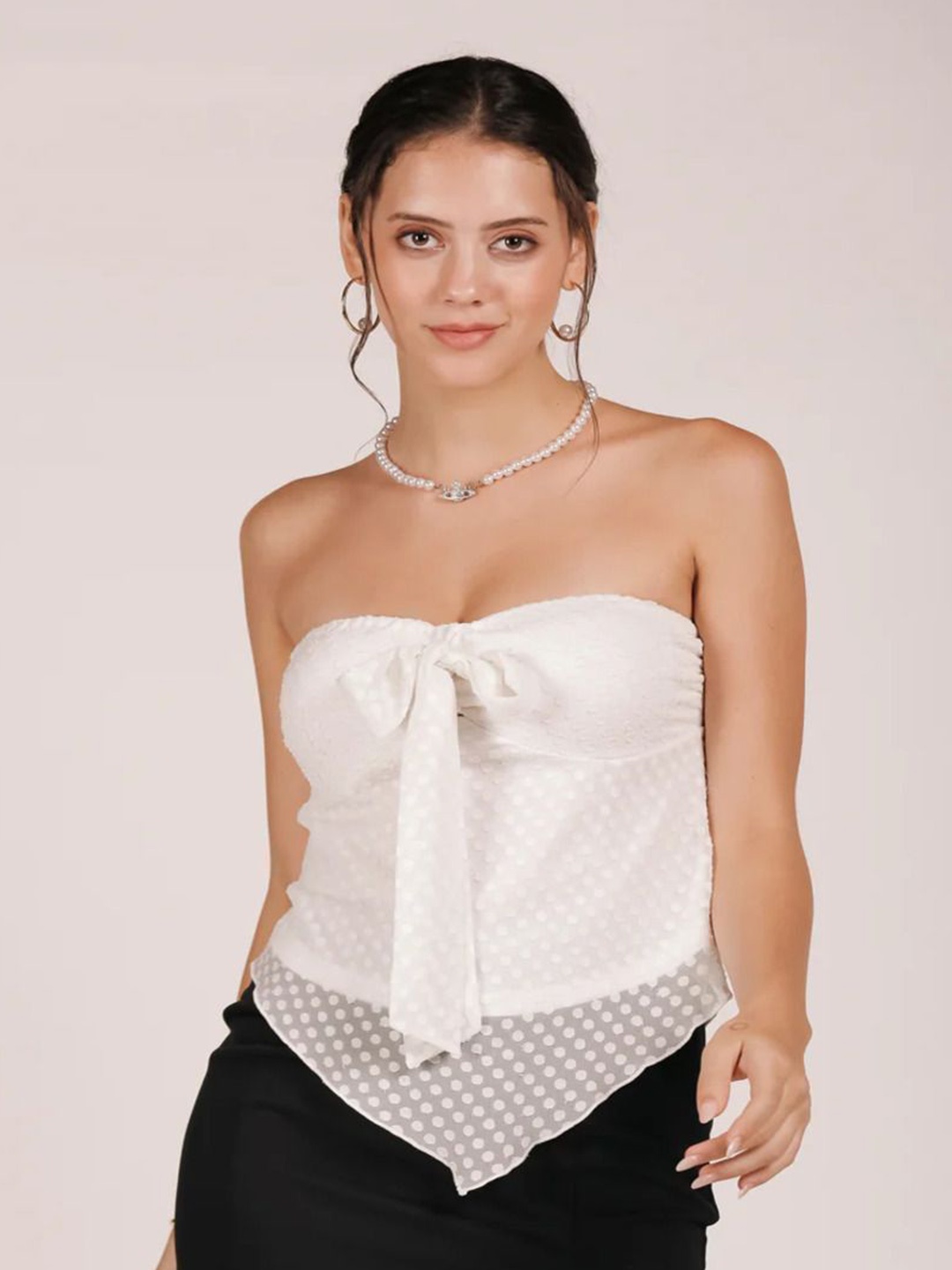 

Dressy Daiquiri Women Polka Dot Strapless Sheer Tube Top, White