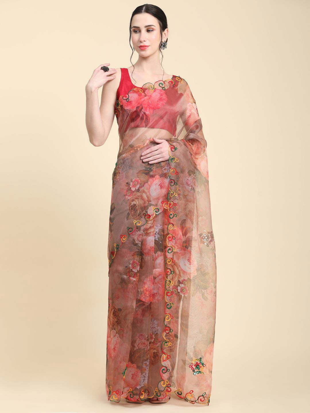 

Anouk Ethnic Motifs Printed Embroidered Saree, Brown