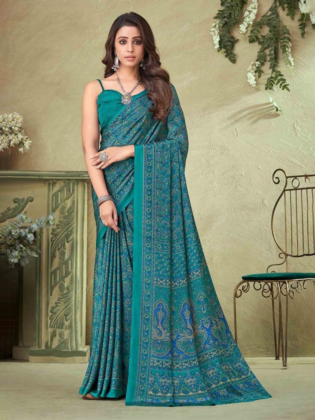 

Reboot Fashions Floral Printed Pure Crepe Saree, Teal