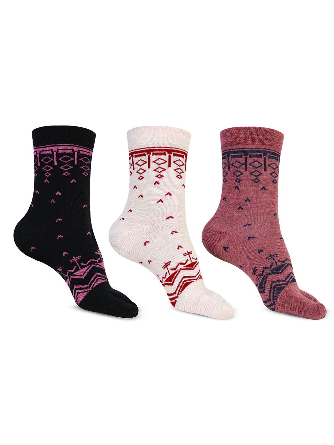 

Bonjour Women Pack Of 3 Colourblocked Patterned Calf Length Thumb Socks, Multi