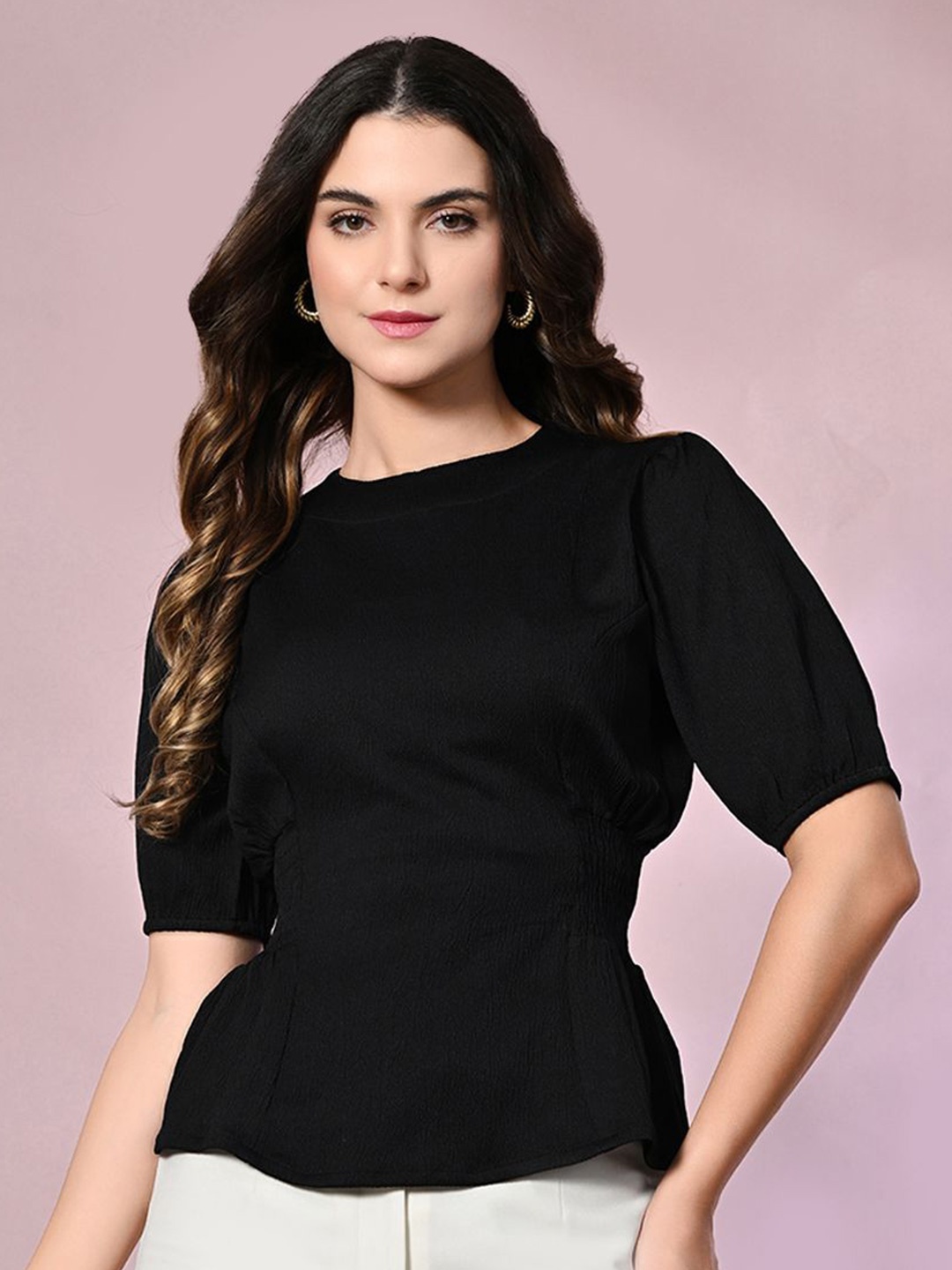 

all about you Women Round Neck Cinched Waist Top, Black