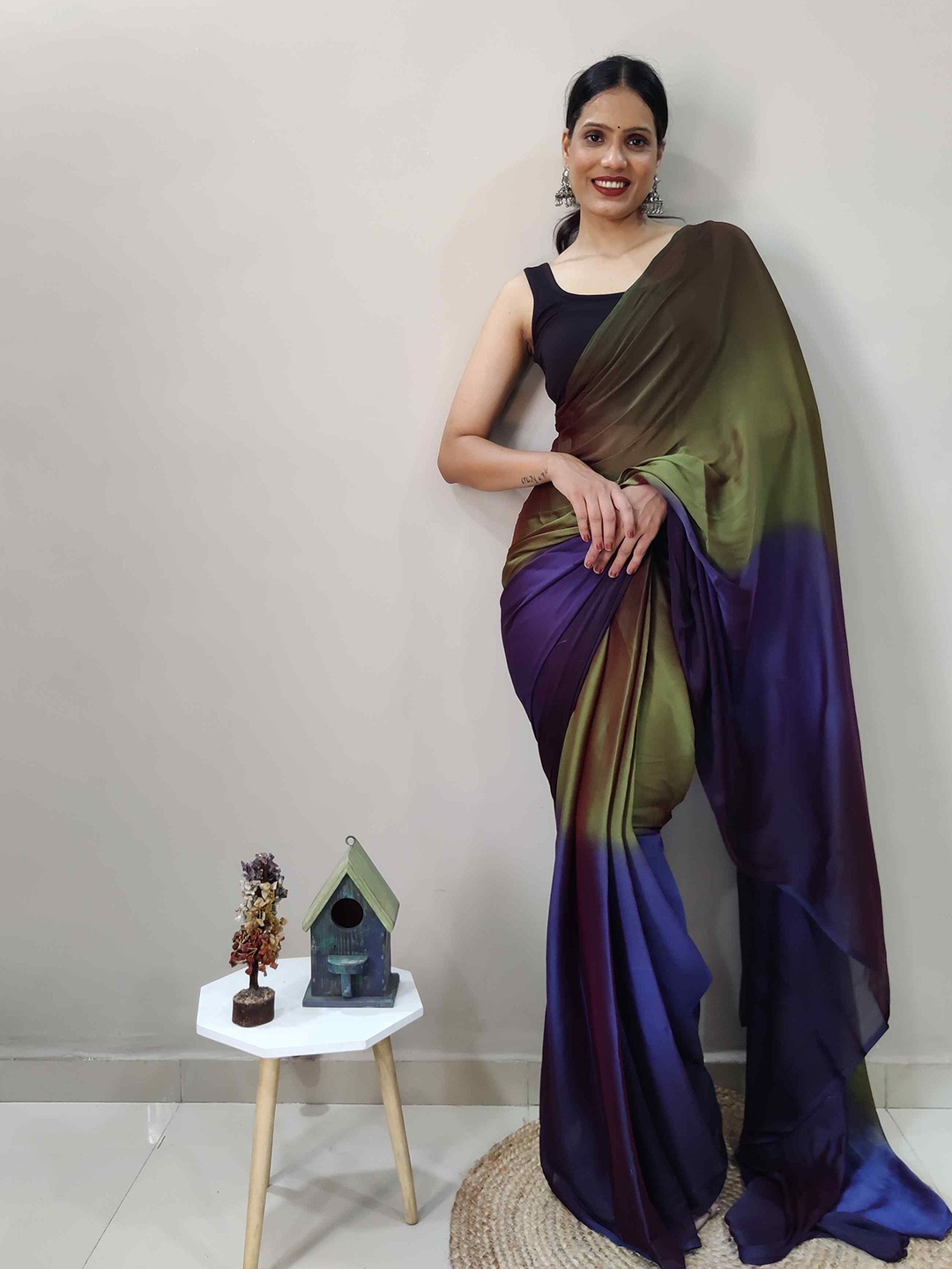 

HERE&NOW Ombre Poly Georgette Ready to Wear Saree, Olive