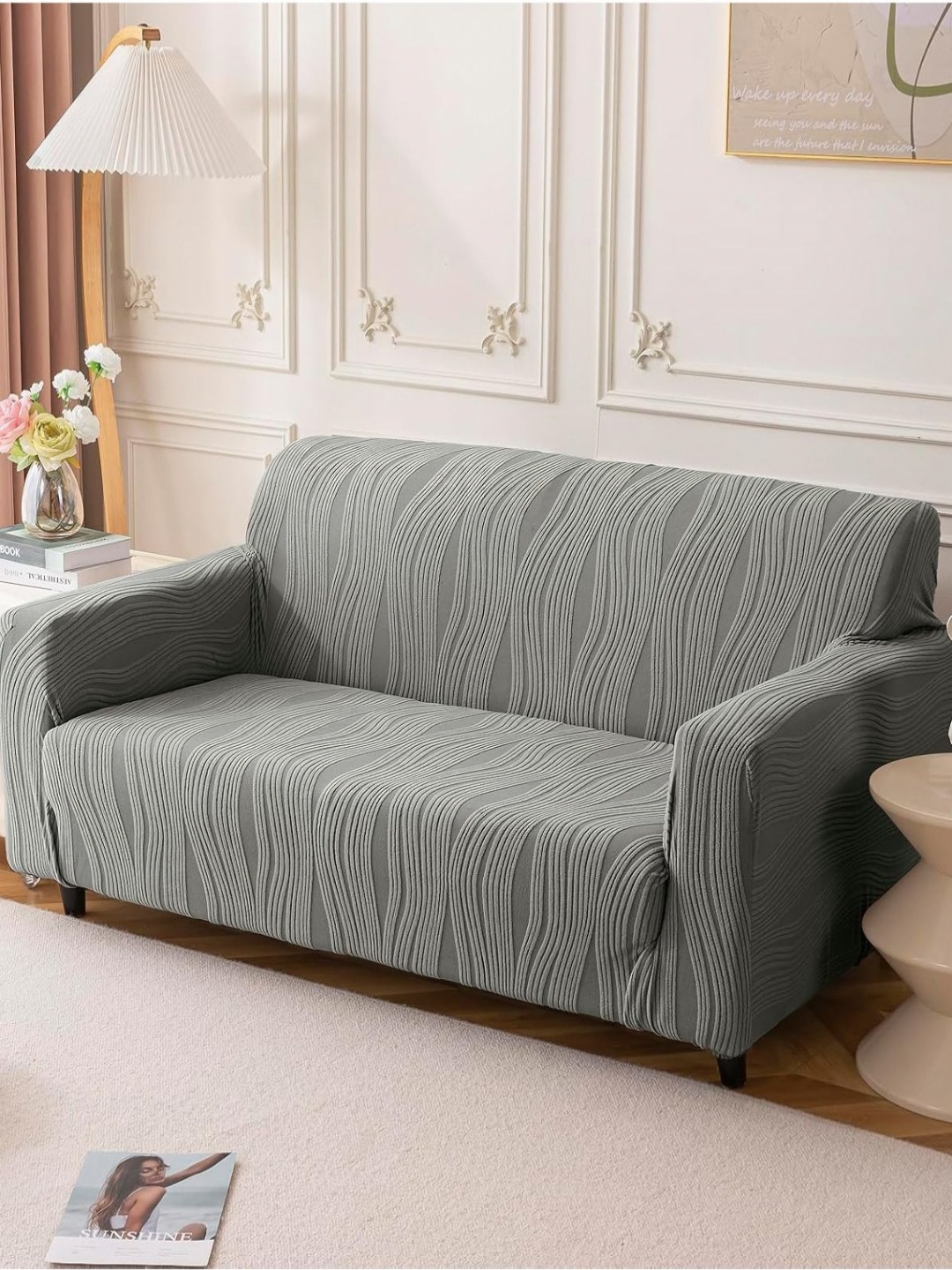 

House Of Quirk Double Seater Jacquard Waterproof Crizzle Pattern Fabric Sofa Cover, Grey