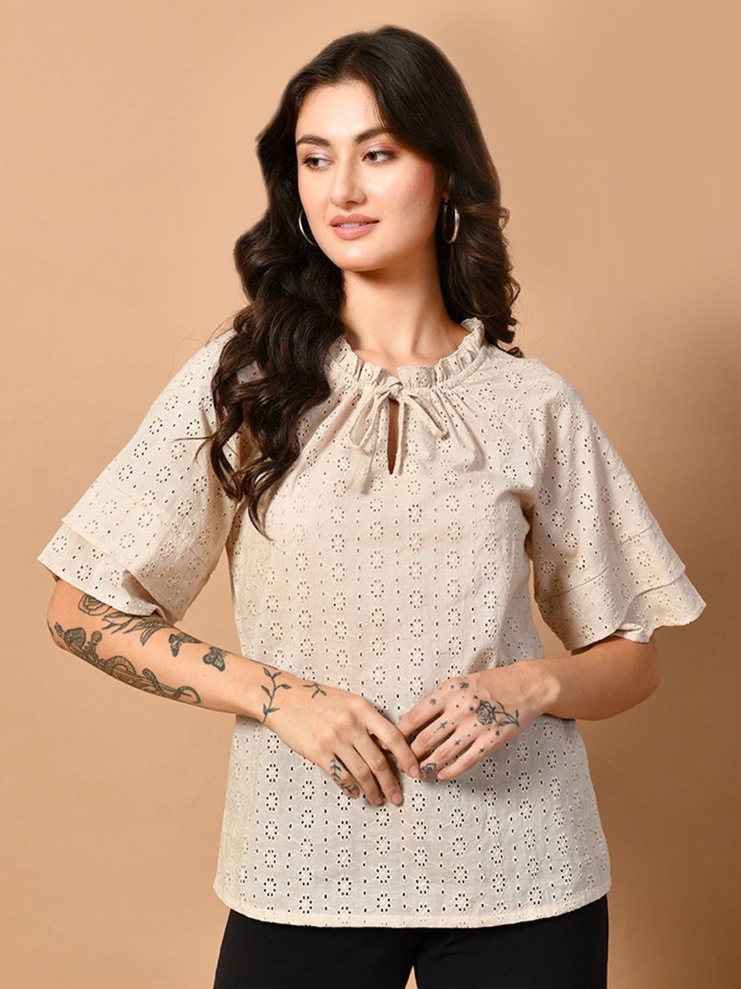 

all about you Women Cotton Keyhole Neck Top, Beige