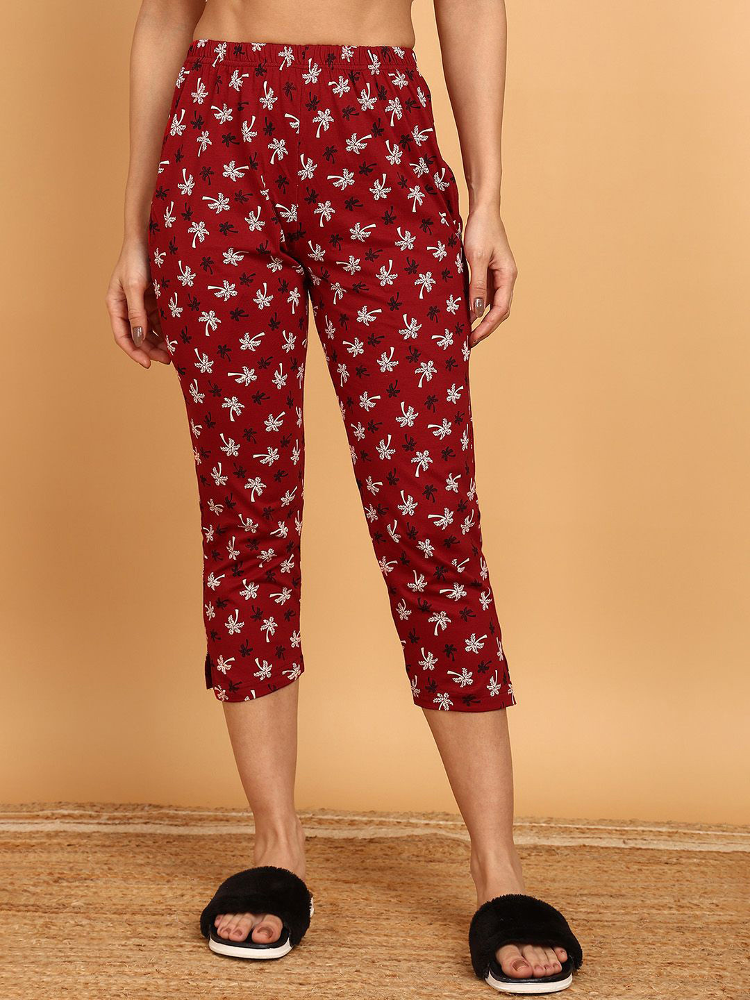 

VAHSON Relaxed Fit Tree Printed Pure Cotton Lounge Pants, Red