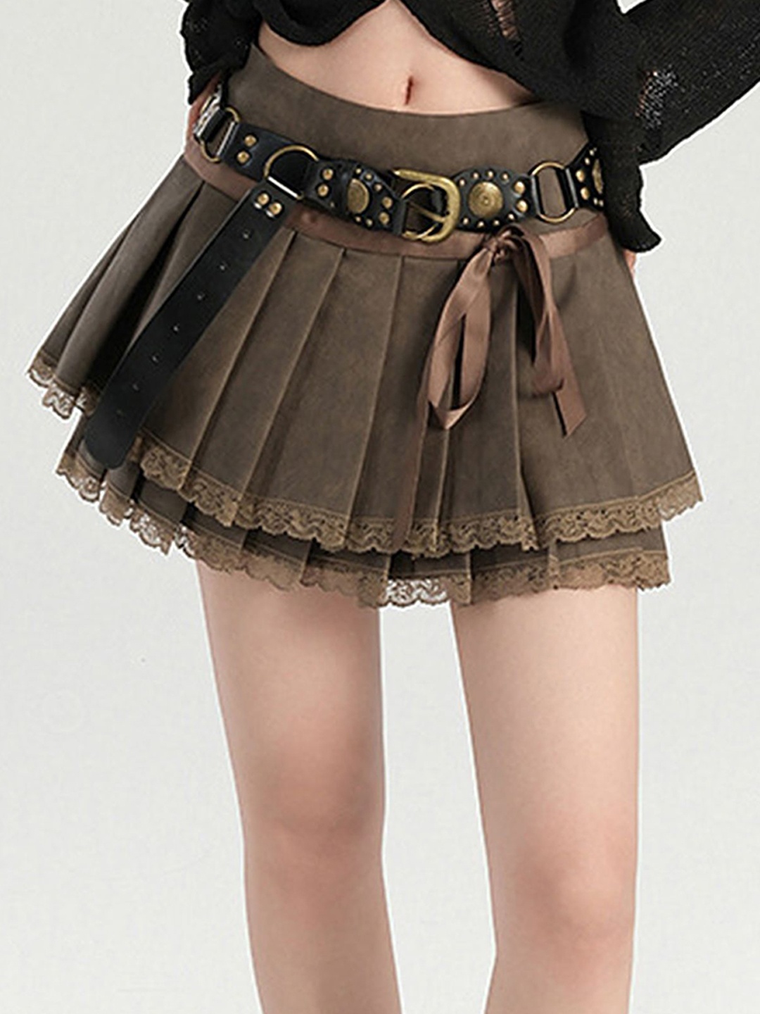 

LULU & SKY Women A-Line Mini Tiered Lacy Skater Skirt, Brown