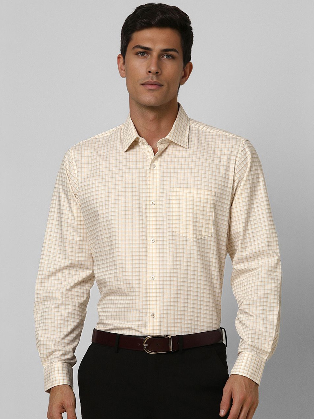 

Van Heusen Men Opaque Checked Formal Shirt, Cream