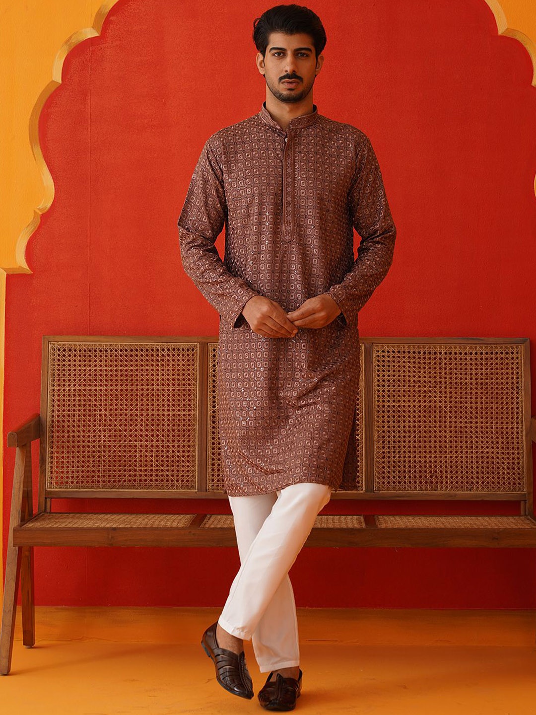 

Jompers Men Floral Embroidered Regular Sequinned Kurta with Pyjamas, Rust