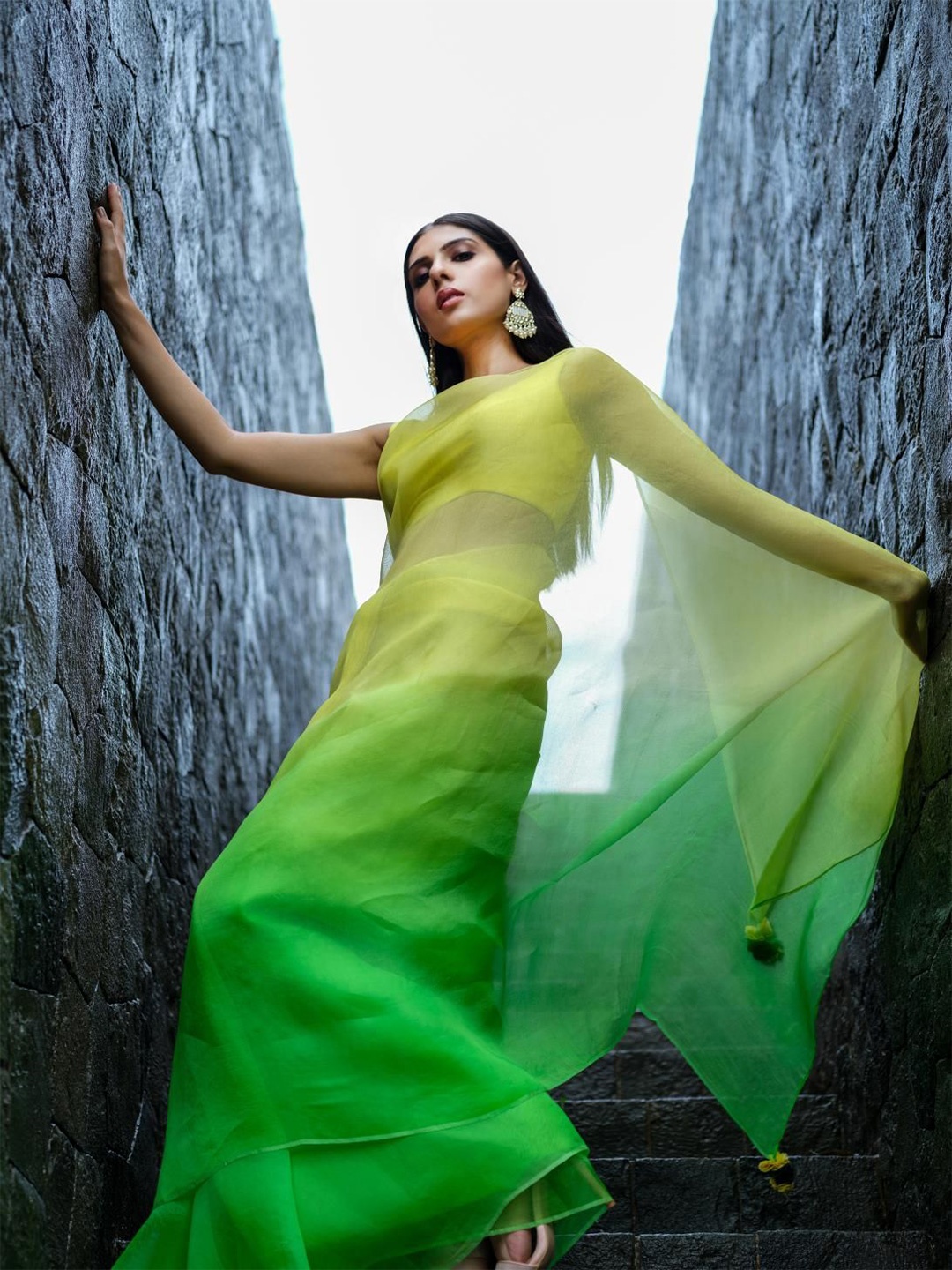 

House of Deepthi Ombre Organza Holi Saree, Green