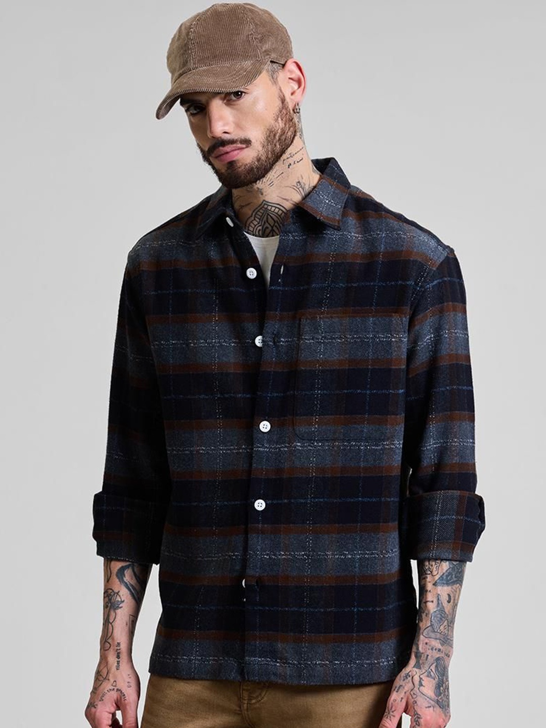 

Snitch Men Checked Open Front Jacket, Blue