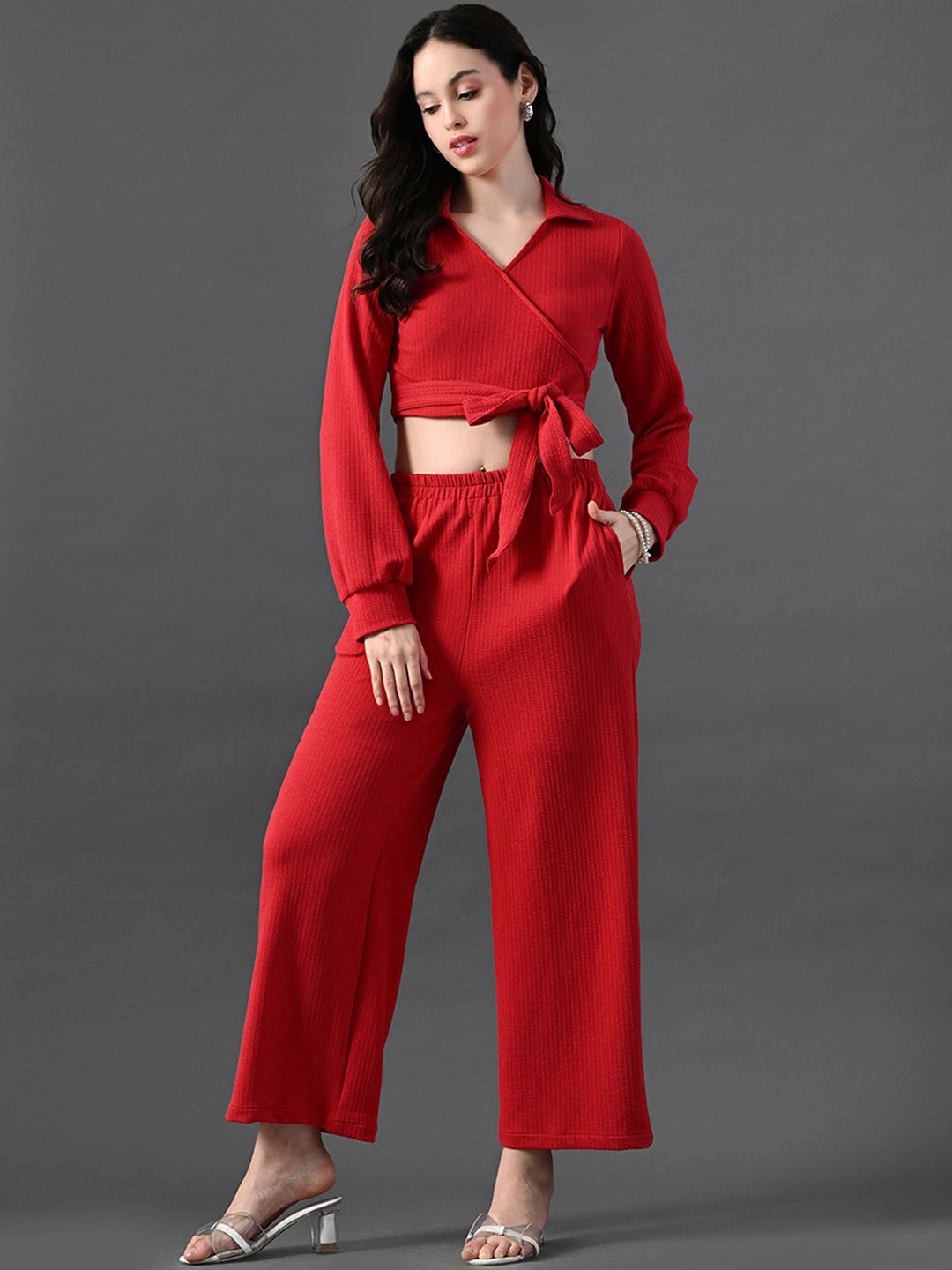 

The Roadster Lifestyle Co Cropped Wrap Top & Trouser Co-Ord Set, Red