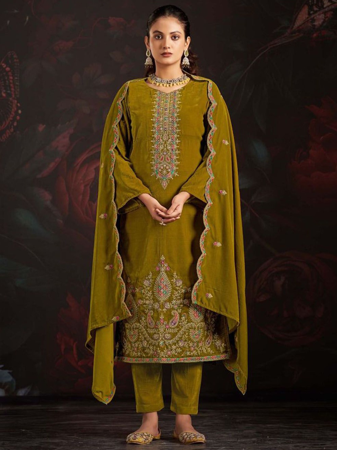 

Clora Creation Embroidered Velvet Unstitched Dress Material, Green
