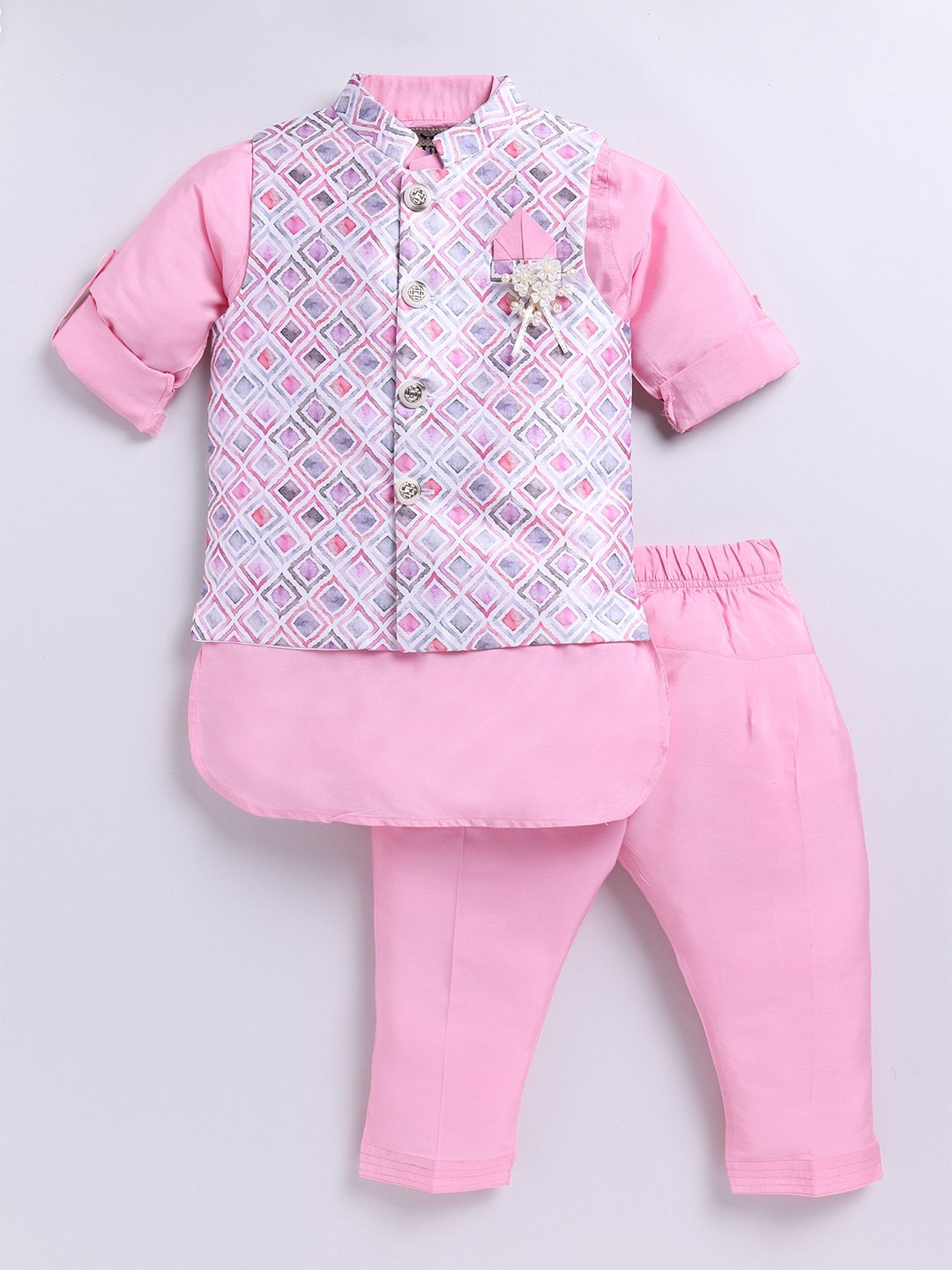 

LITTLE COLLARS Boys Regular Pure Silk Kurta With Pyjamas & Jacket, Pink