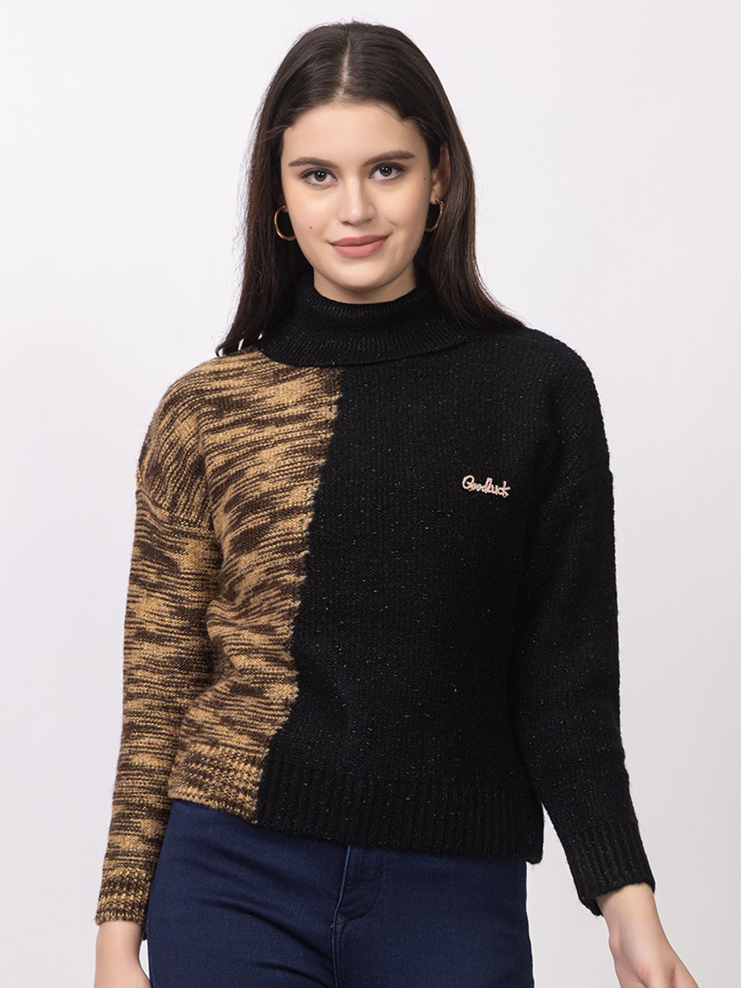 

Lory Women Colourblocked Woollen Pullover, Black