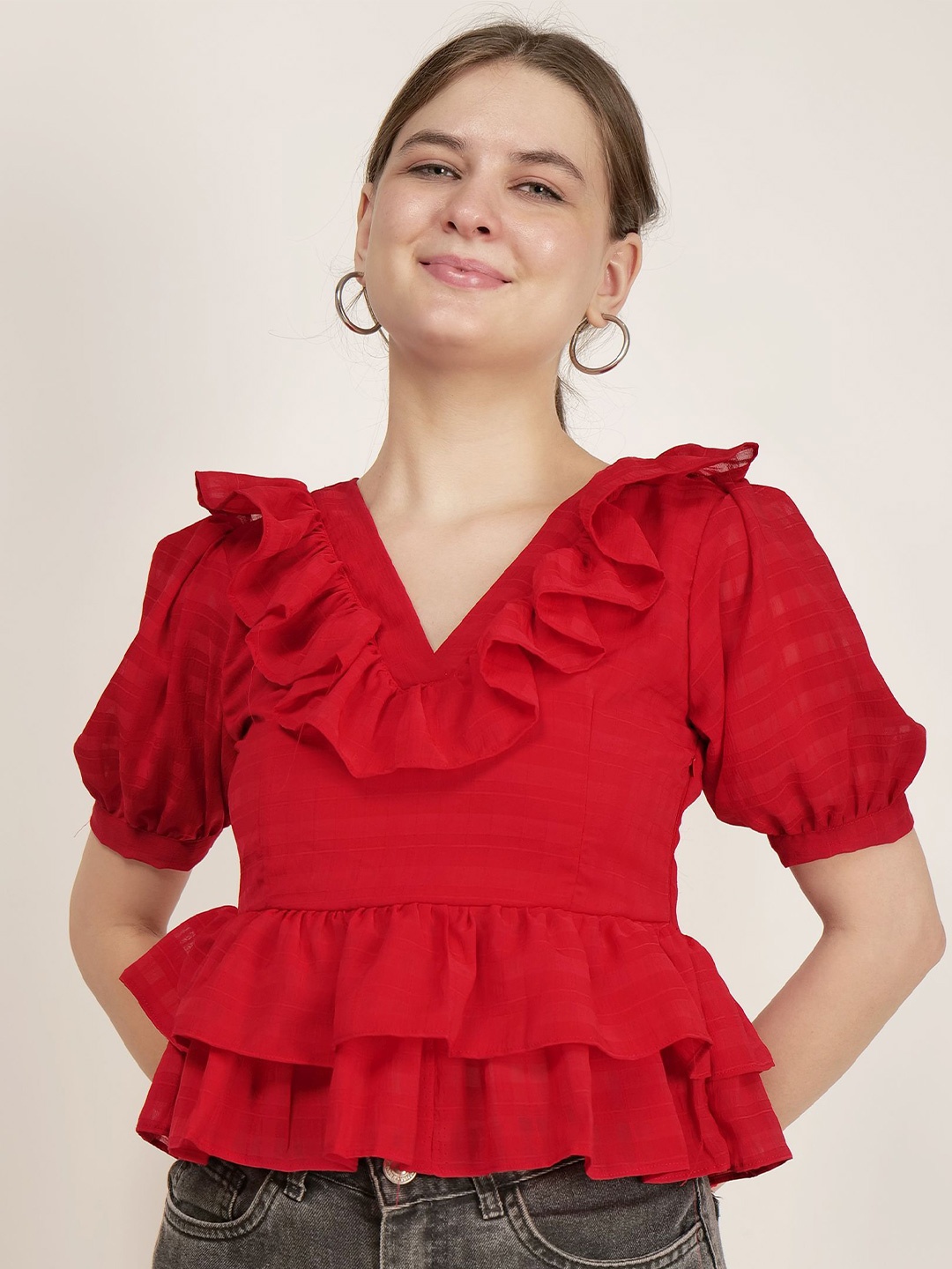 

AUDRAPE Women Puff Sleeves Peplum Ruffle Top, Red