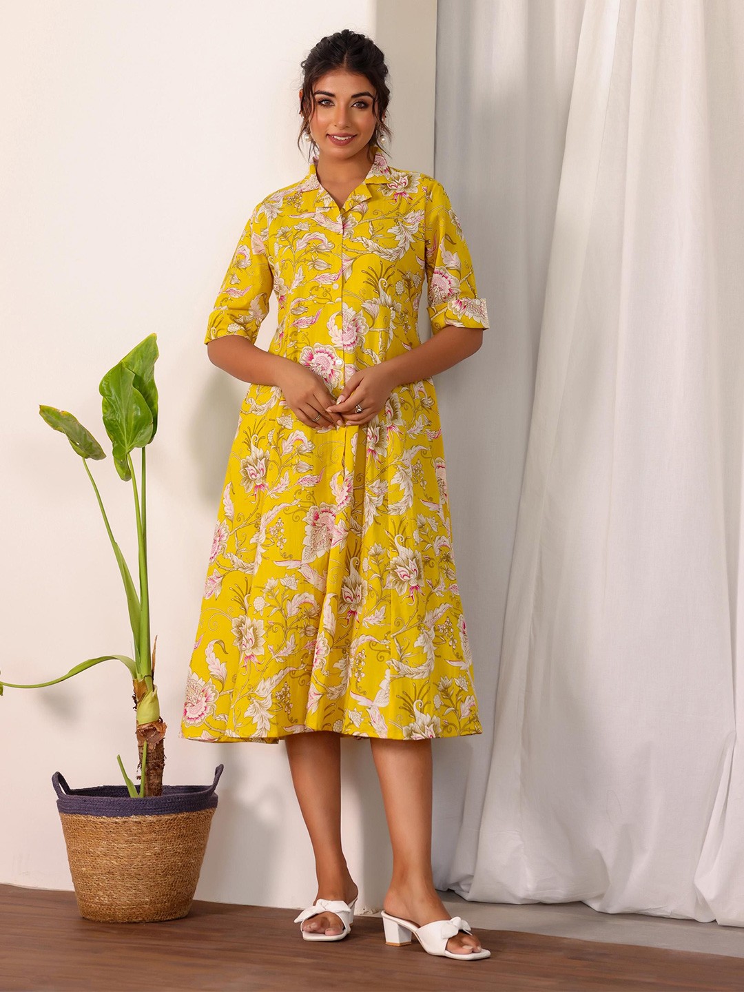 

FLAVIA CREATION Women Cotton Floral Printed A-Line Midi Dress, Yellow