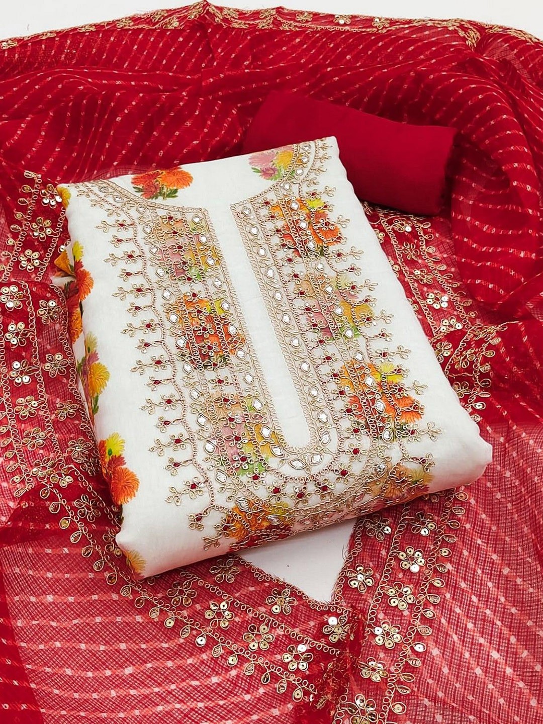 

ZEEPKART Silk Georgette Unstitched Dress Material, White
