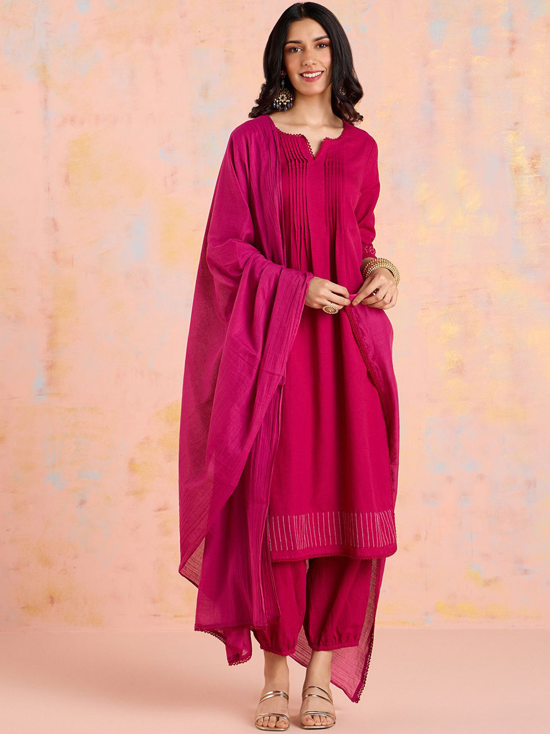 

Likha Women Striped Regular Pure Cotton Kurta with Salwar & With Dupatta, Pink
