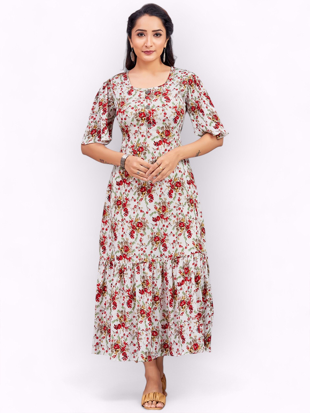 

PAMPER YOURSELF Floral Print Georgette Fit & Flare Maxi Dress, Red